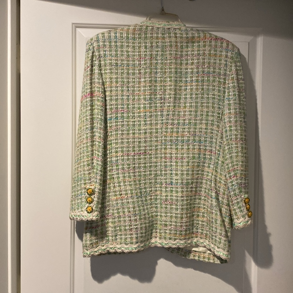 Looks like designer  Pastel Tweed Jacket w/ green trim on  edges;pretty buttons. - Picture 3 of 4